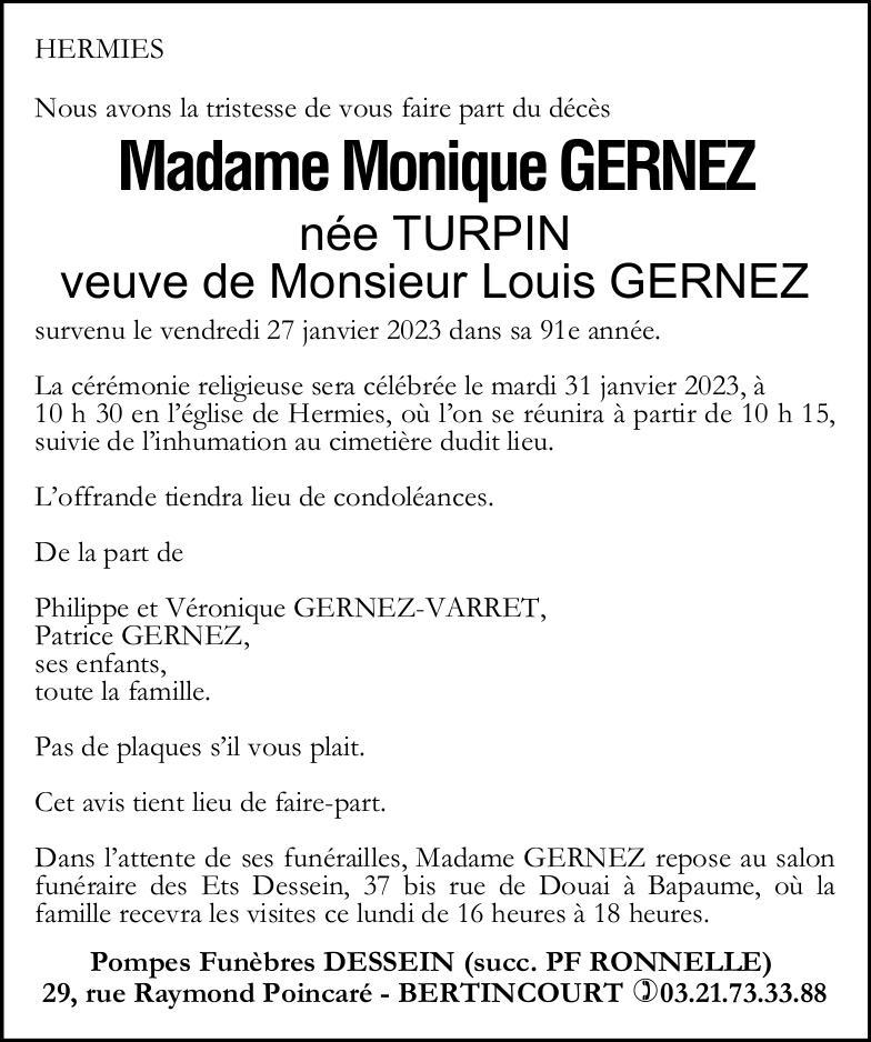 Avis de décès - Madame Monique GERNEZ née TURPIN