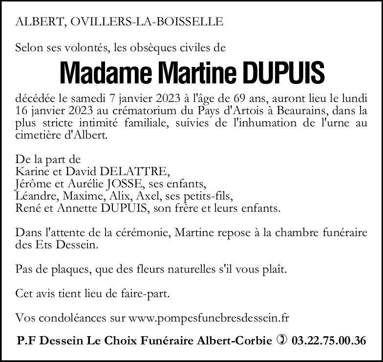 Avis de décès Martine DUPUIS