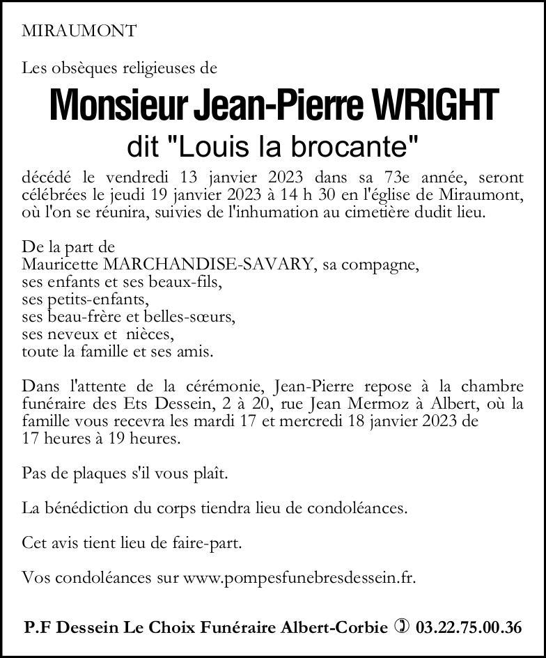 Avis de décès Monsieur Jean-Pierre WRIGHT