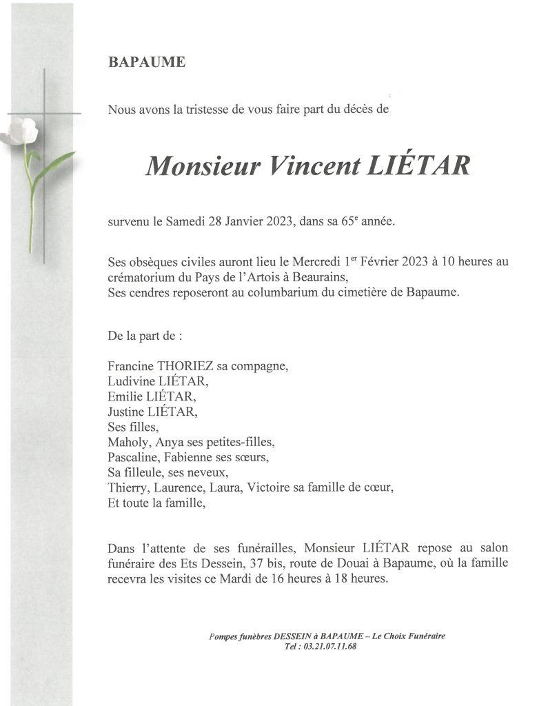 Avis de décès - Monsieur Vincent LIÉTAR