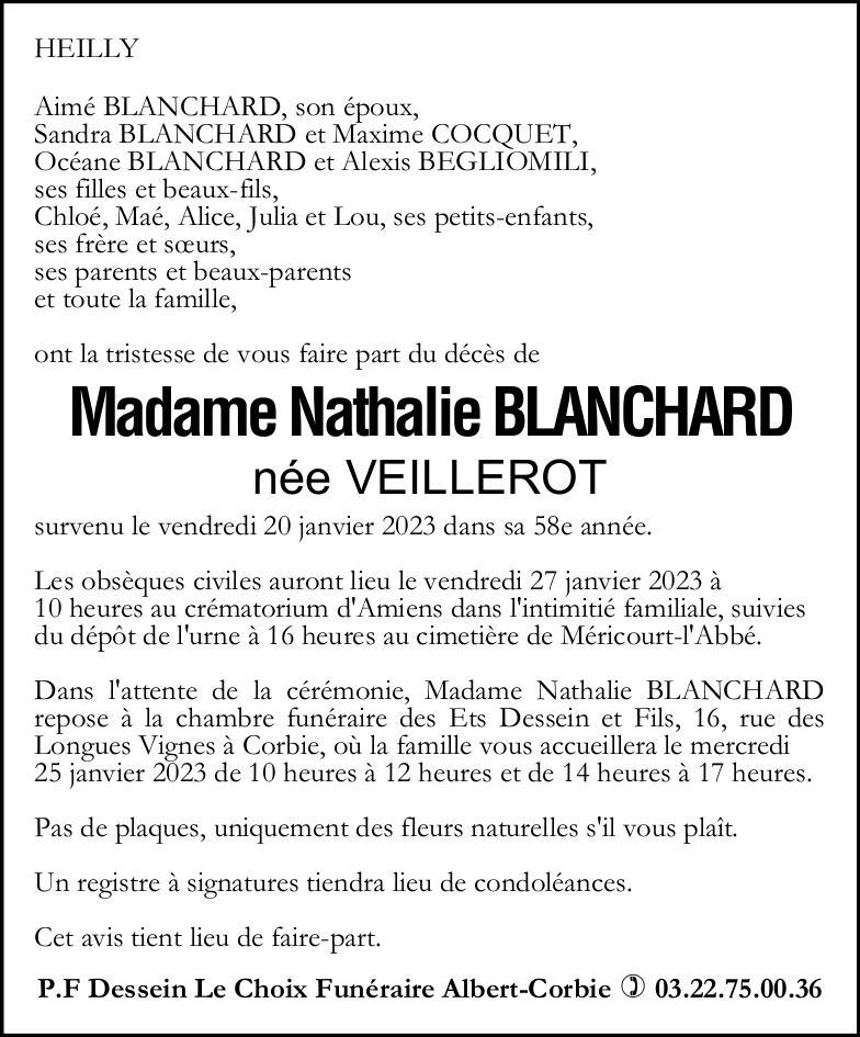 Avis de décès Nathalie BLANCHARD