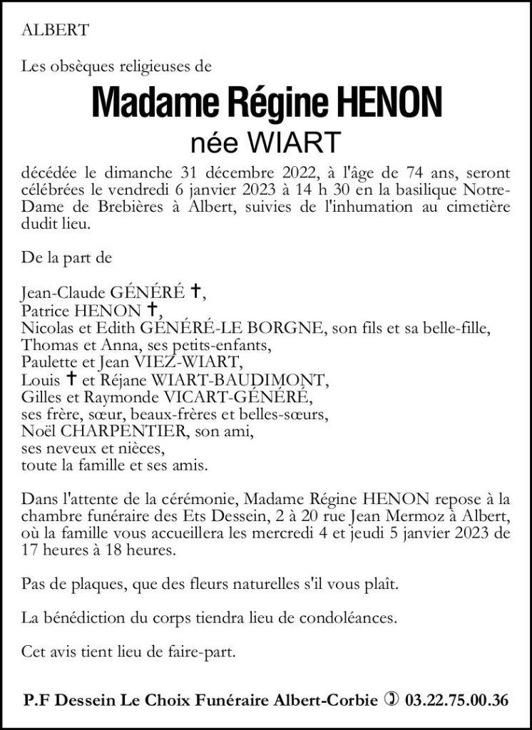 Avis de décès Régine HENON
