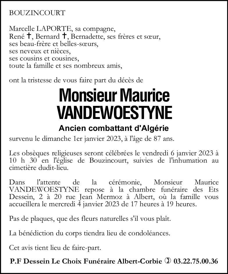Avis de décès VANDEWOESTYNE Maurice