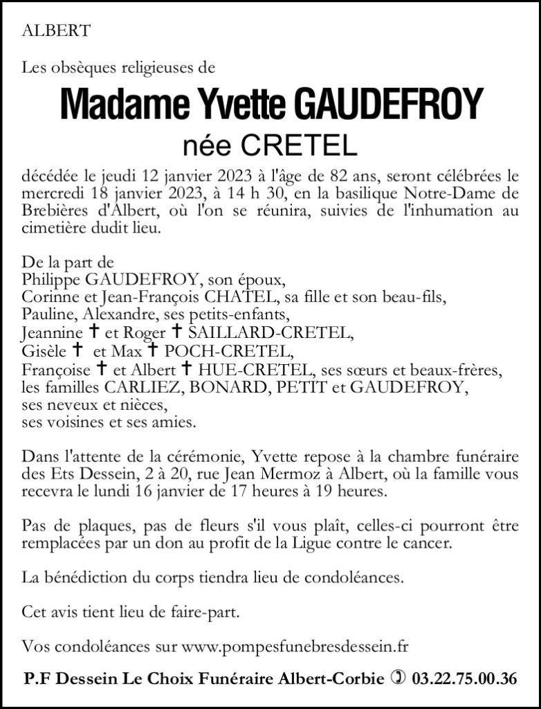 Avis de décès Yvette GAUDEFROY