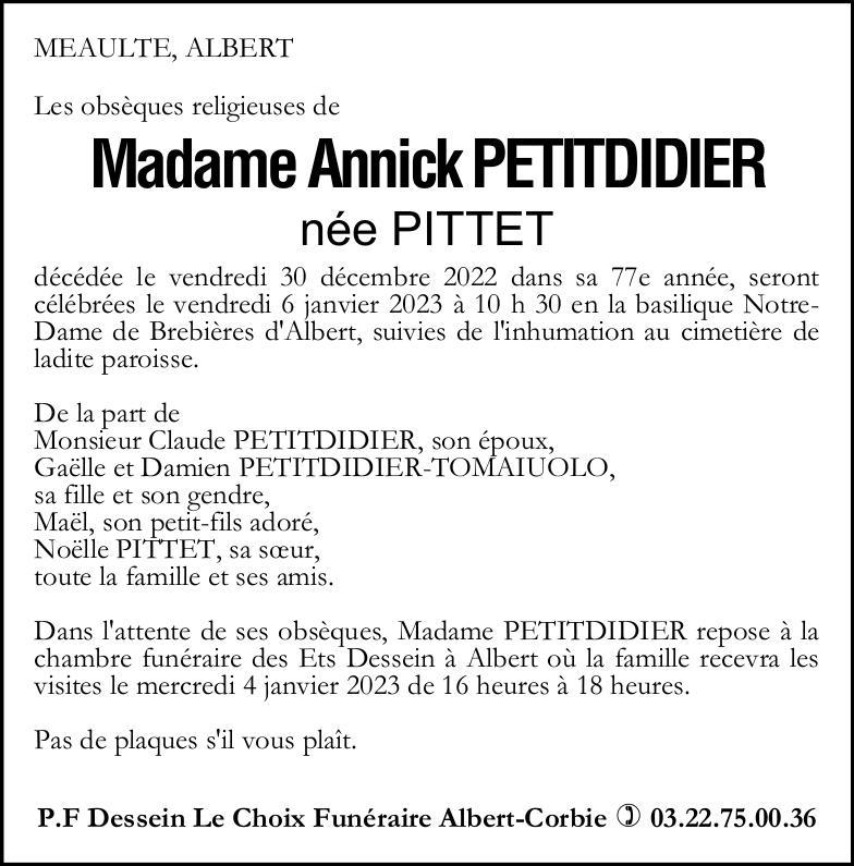Avis de décès de Madame Annick PETITDIDIER née PITTET