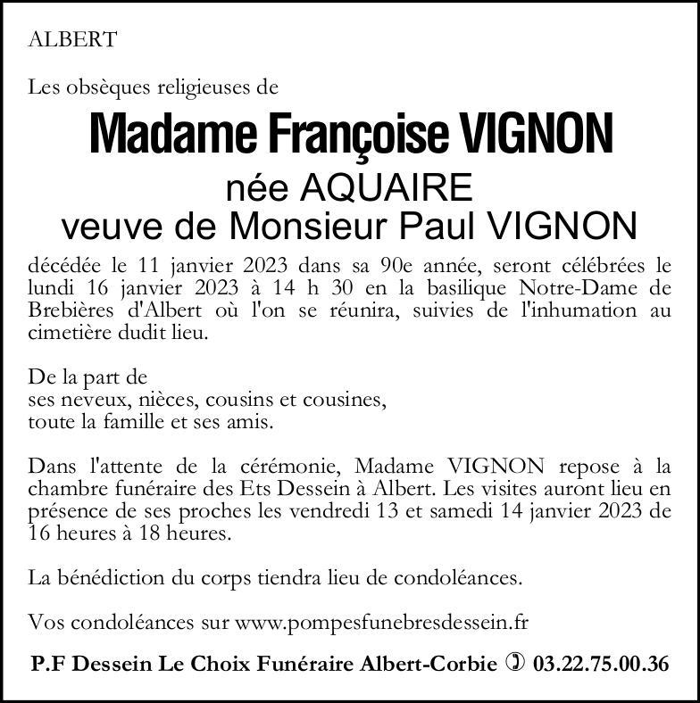 Avis de décès de Madame Françoise VIGNON née AQUAIRE