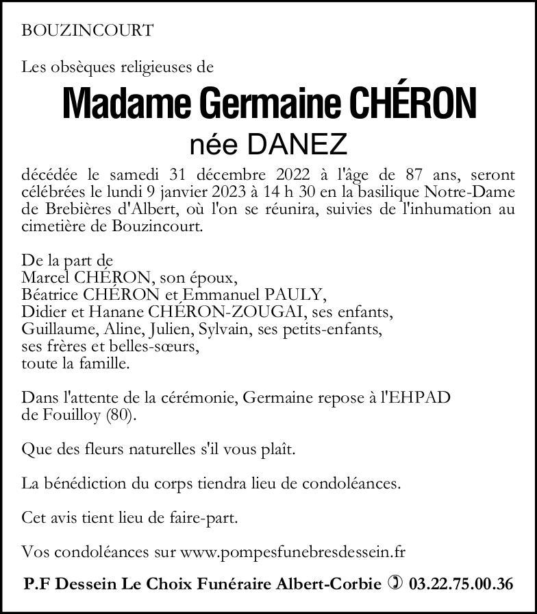 Avis de décès de Madame Germaine CHERON née DANEZ