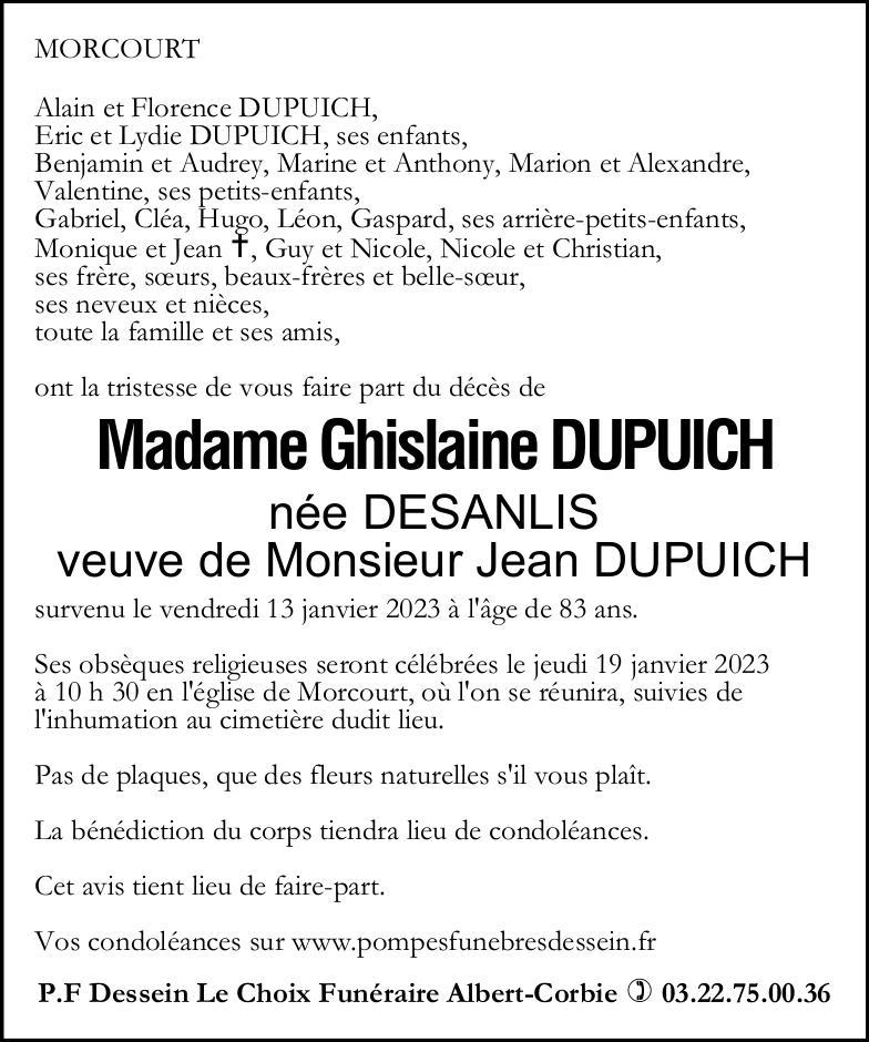 Avis de décès de Madame Ghislaine DUPUICH née DESANLIS