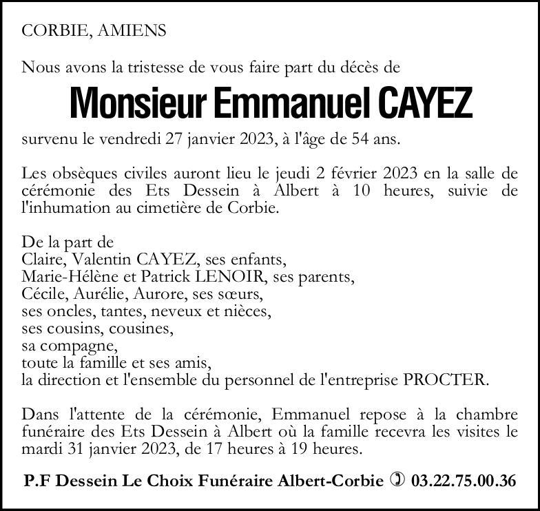 Avis de décès de Monsieur Emmanuel CAYEZ