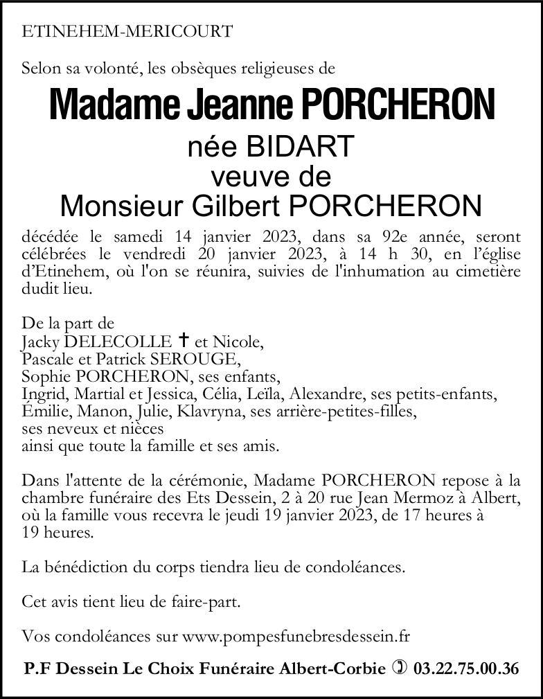 avis de décès de Madame Jeanne PORCHERON née BIDART