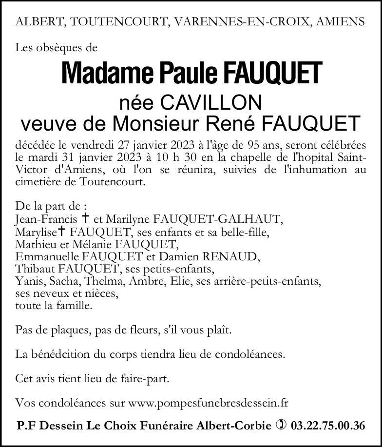 avis de décès de Madame Paule FAUQUET née CAVILLON