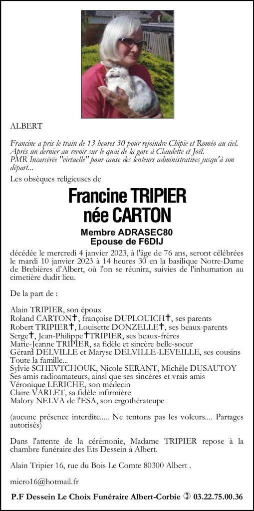 avis de décès de Madame TRIPIER Francine née CARTON