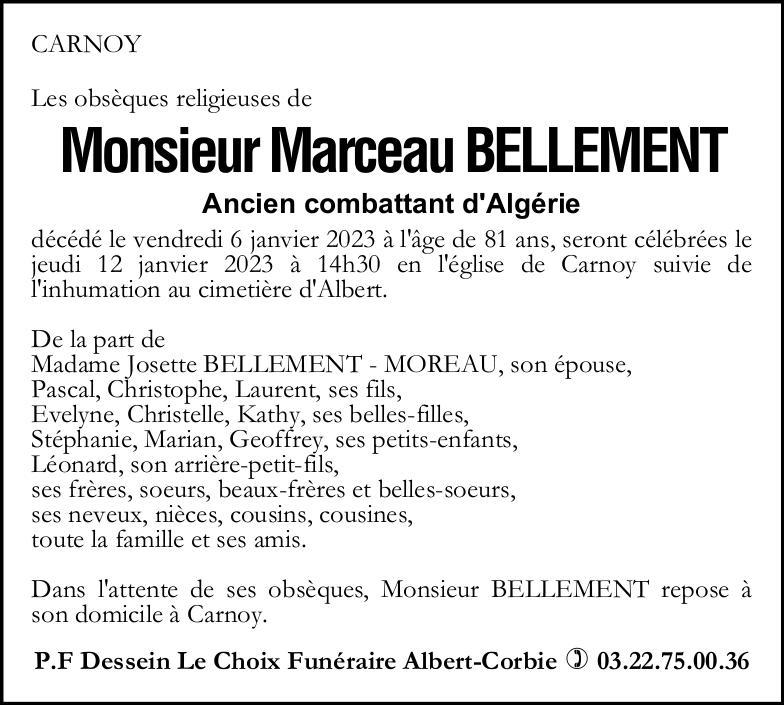 avis de décès de Monsieur Marceau BELLEMENT