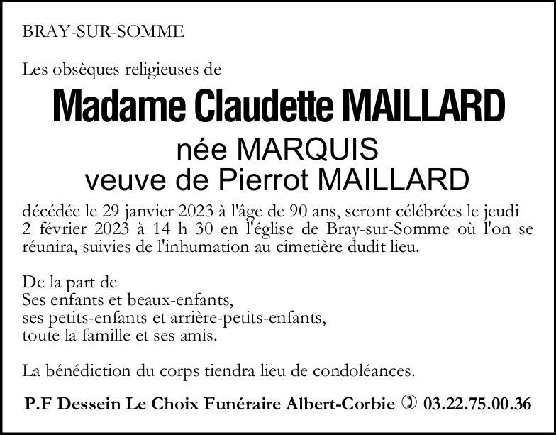 Avis de dcéès de Madame Claudette MAILLARD née MARQUIS