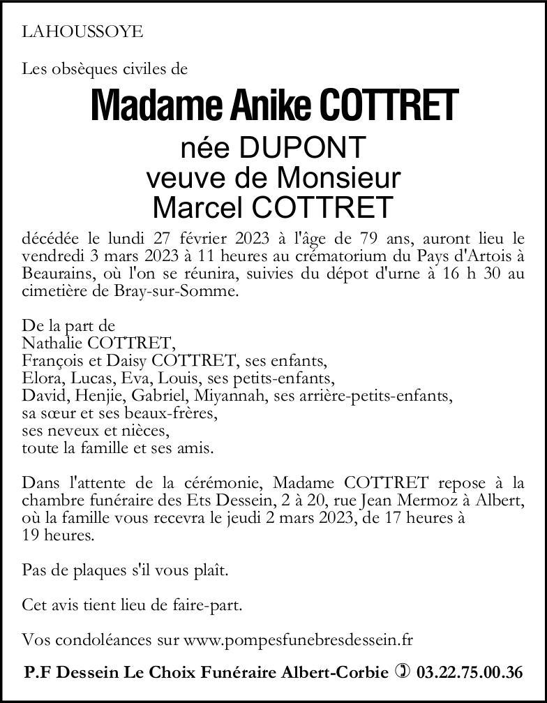 Avis de décès Anike COTTRET