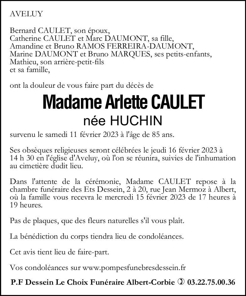 Avis de décès Arlette CAULET