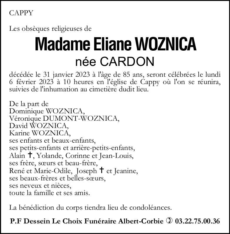 Avis de décès Eliane WOZNICA
