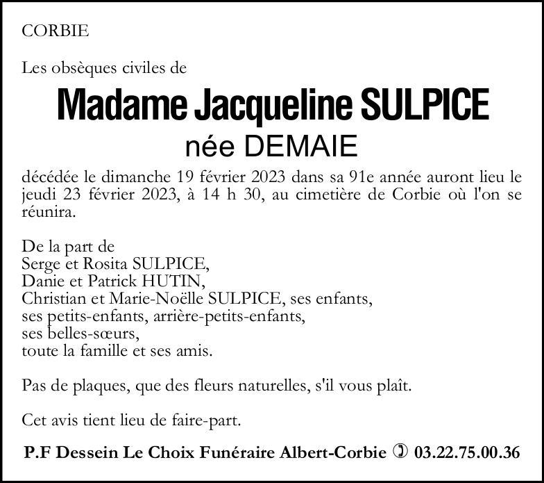 Avis de décès Jacqueline SULPICE