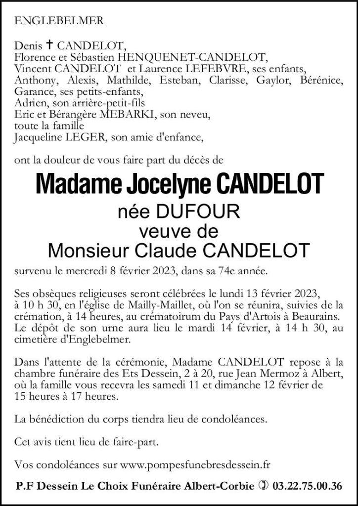 Avis de décès Jocelyne CANDELOT née DUFOUR