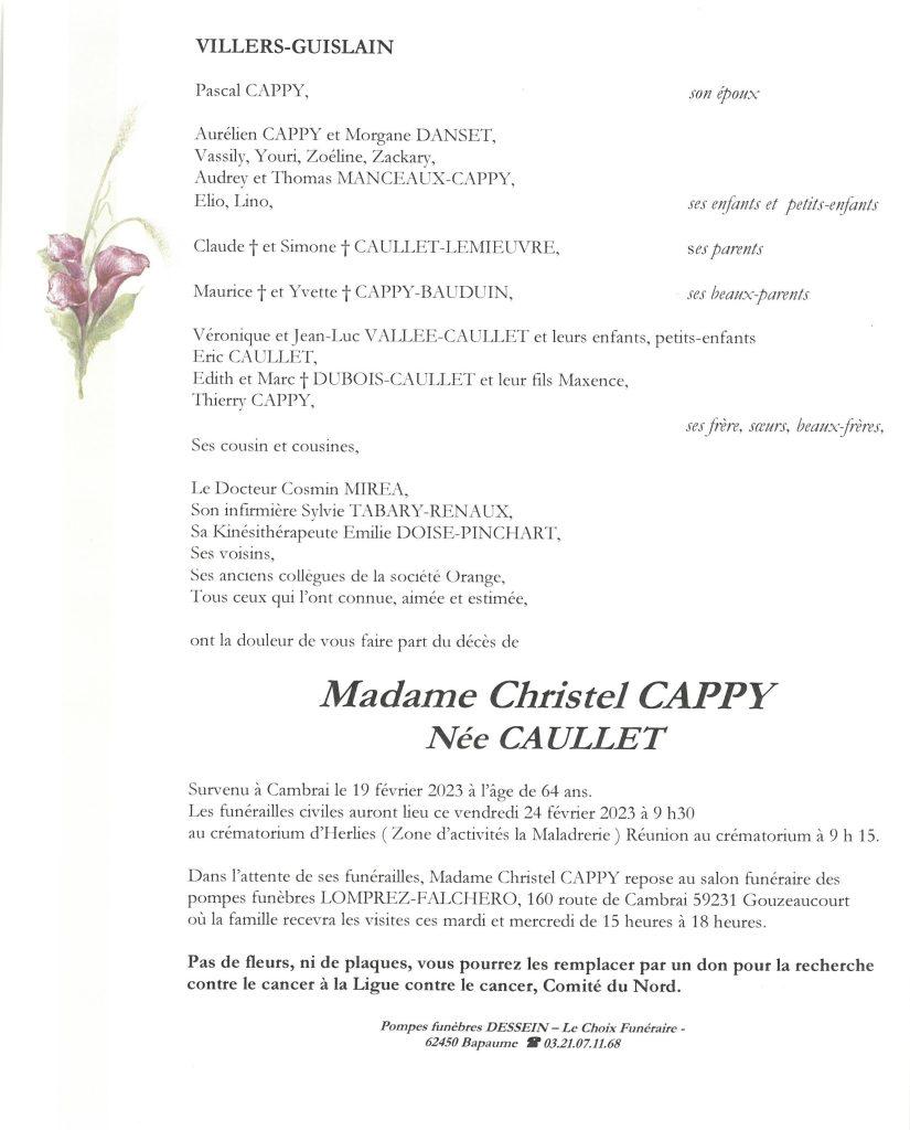 Avis de décès - Madame Christel CAPPY née CAULLET