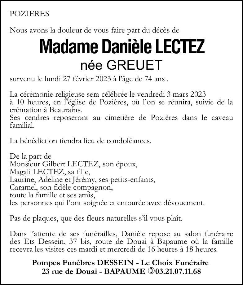 Avis de décès- Madame Danièle LECTEZ