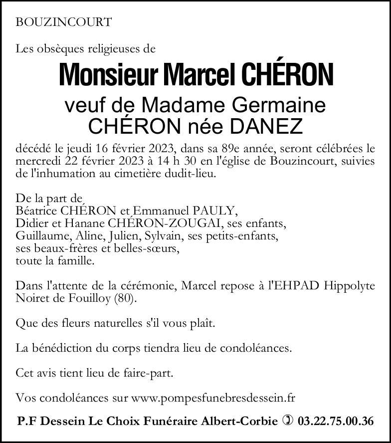 Avis de décès Marcel CHERON