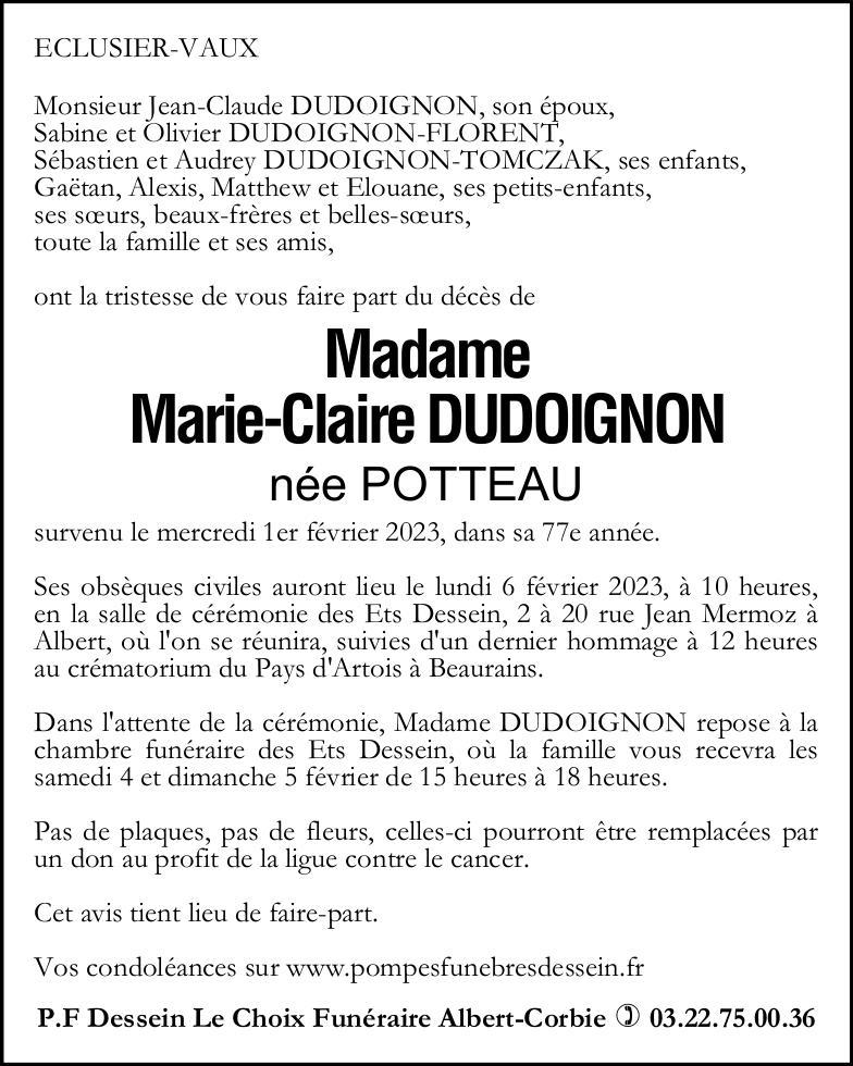 Avis de décès Marie-Claire DUDOIGNON