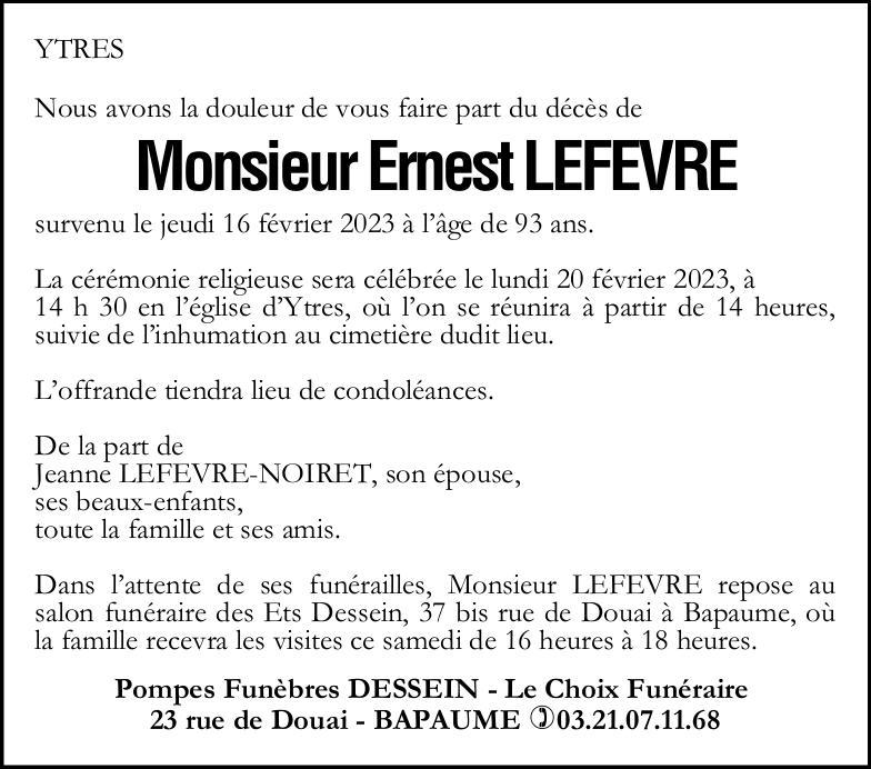 Avis de décès Monsieur Ernest LEFEVRE