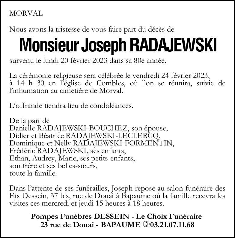 Avis de décès Monsieur Joseph RADAJEWSKI