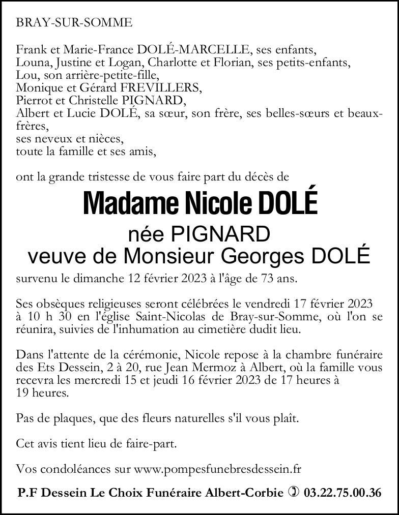Avis de décès Nicole DOLE