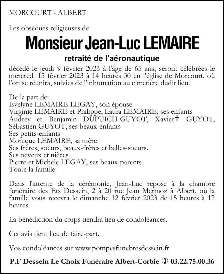 avis de décès Monsieur Jean-Luc LEMAIRE