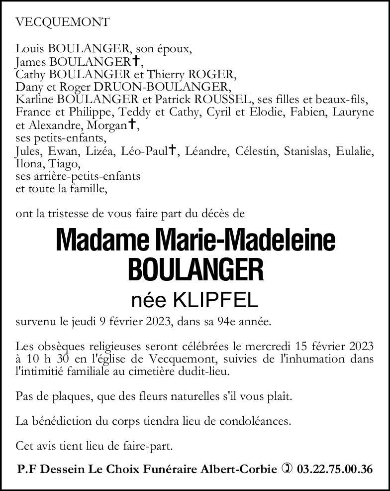 avis de décès de Madame Marie-Madeleine BOULANGER née KLIPFEL