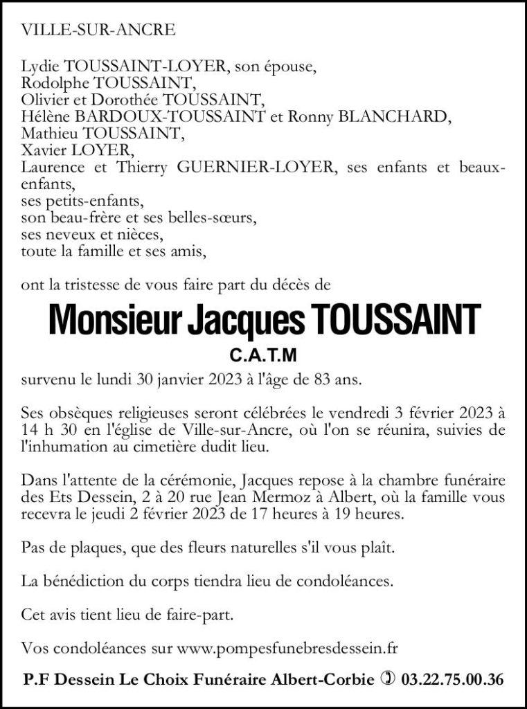avis de décès de Monsieur Jacques TOUSSAINT