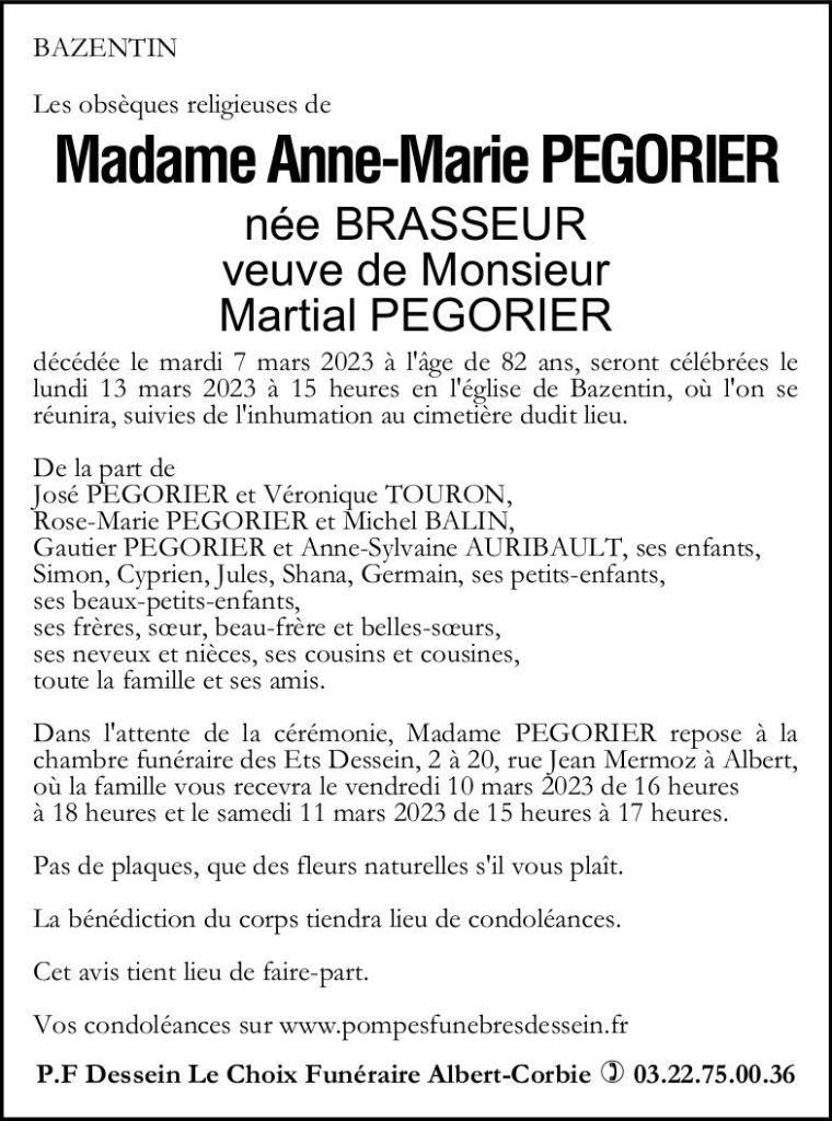 Avis de décès Anne-Marie PEGORIER