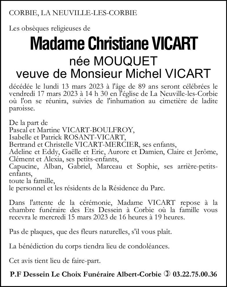 Avis de décès Christiane VICART
