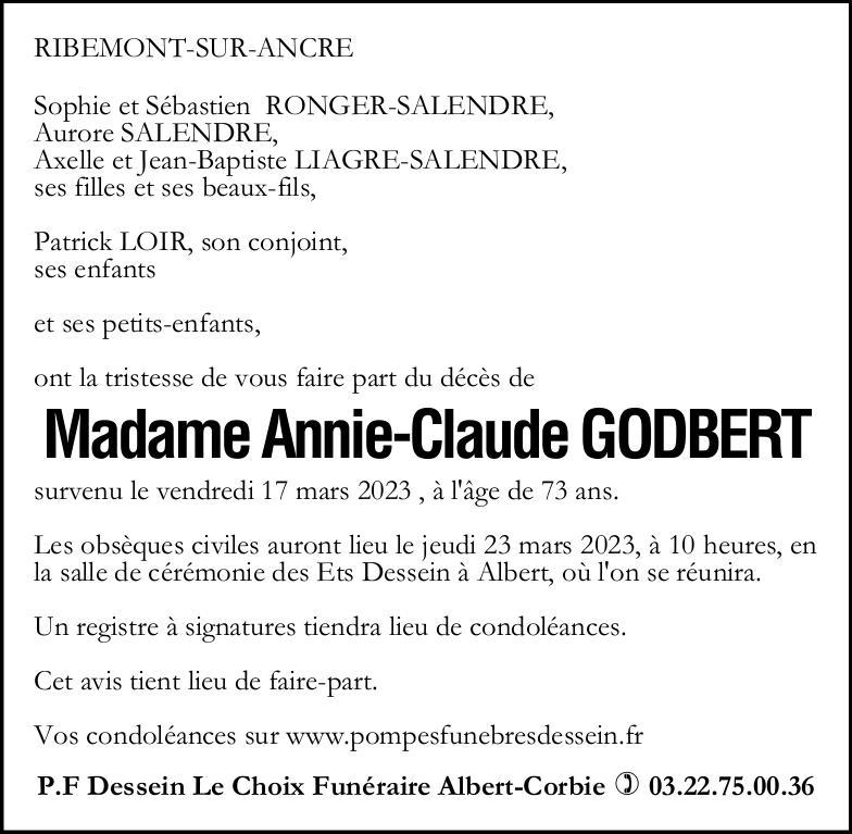 Avis de décès Madame Annie-Claude GODBERT