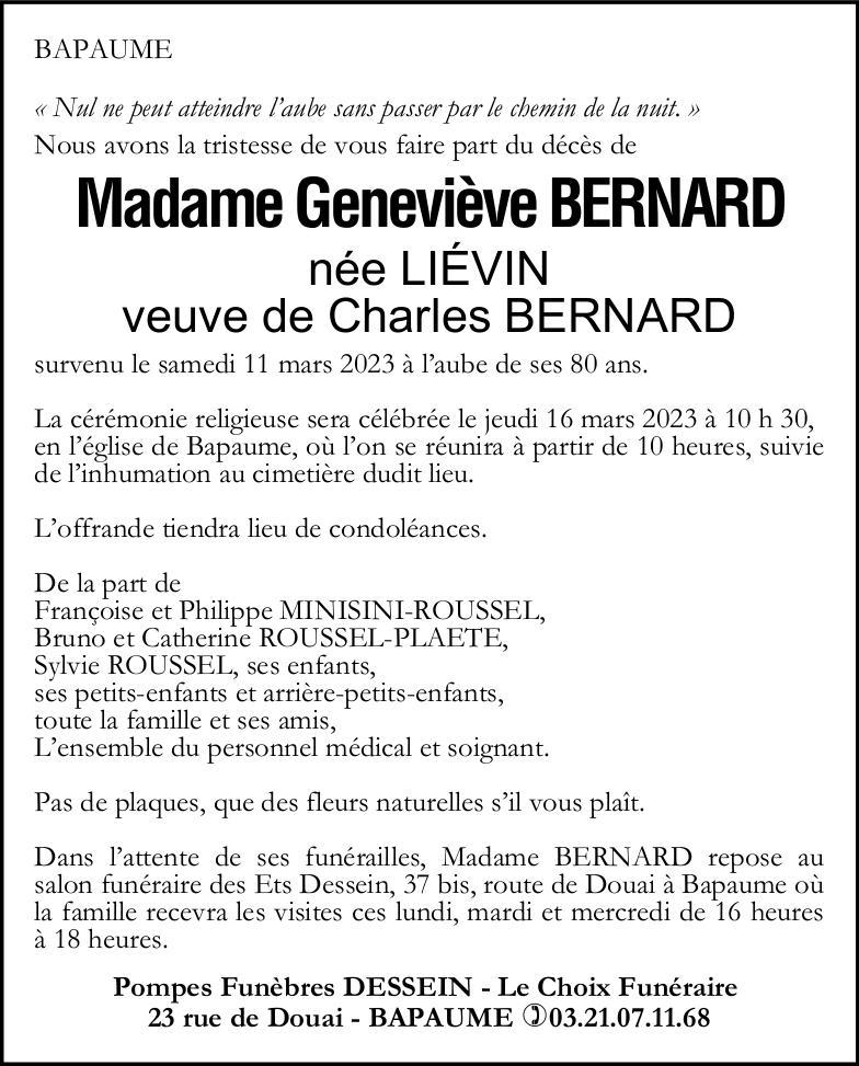 Avis de décès - Madame Geneviève BERNARD née LIEVIN