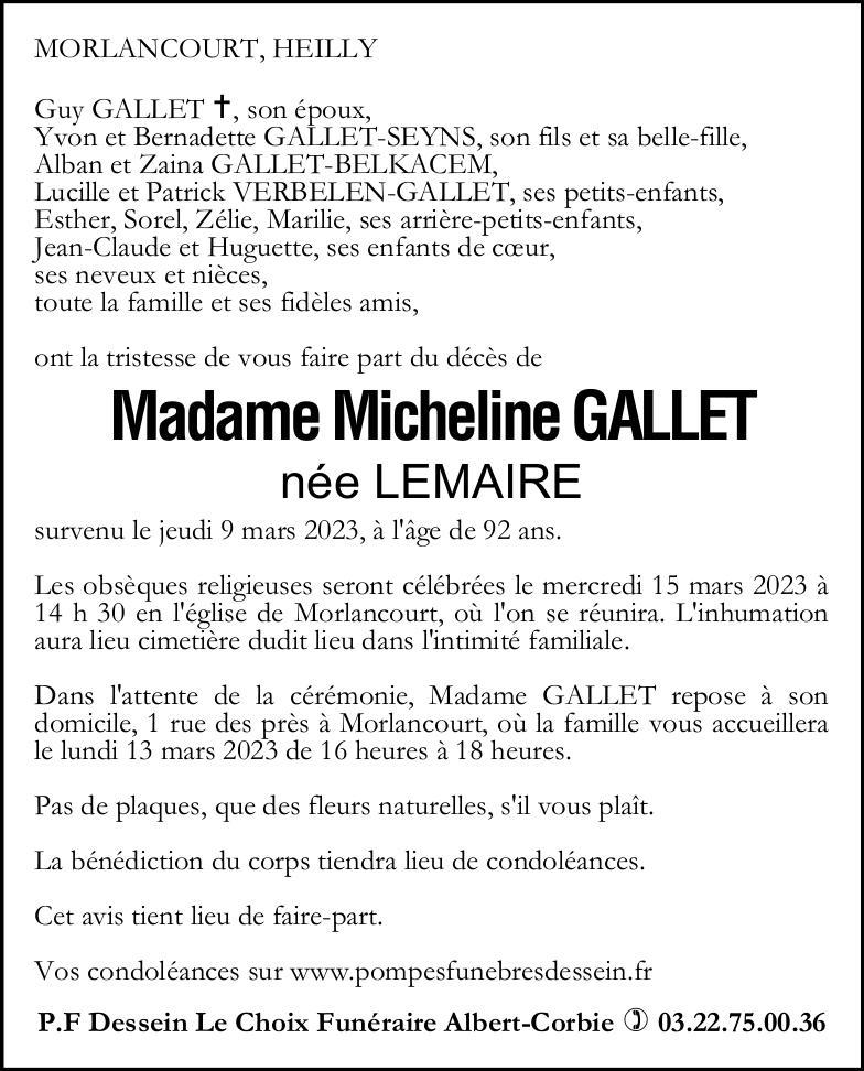 Avis de décès Micheline Gallet