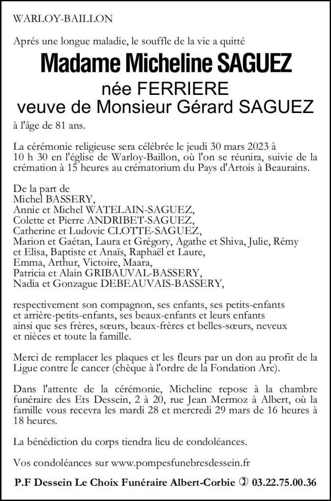 Avis de décès Micheline SAGUEZ