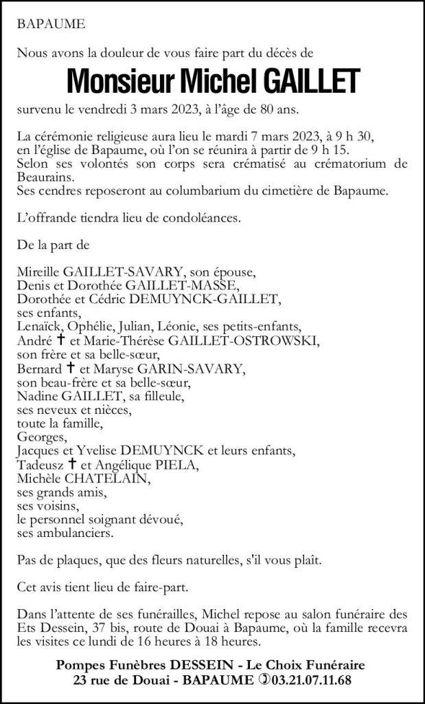 Avis de décès- Monsieur Michel Gaillet
