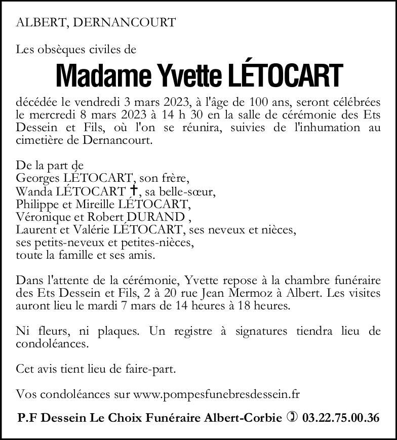 Avis de décès Yvette LÉTOCART