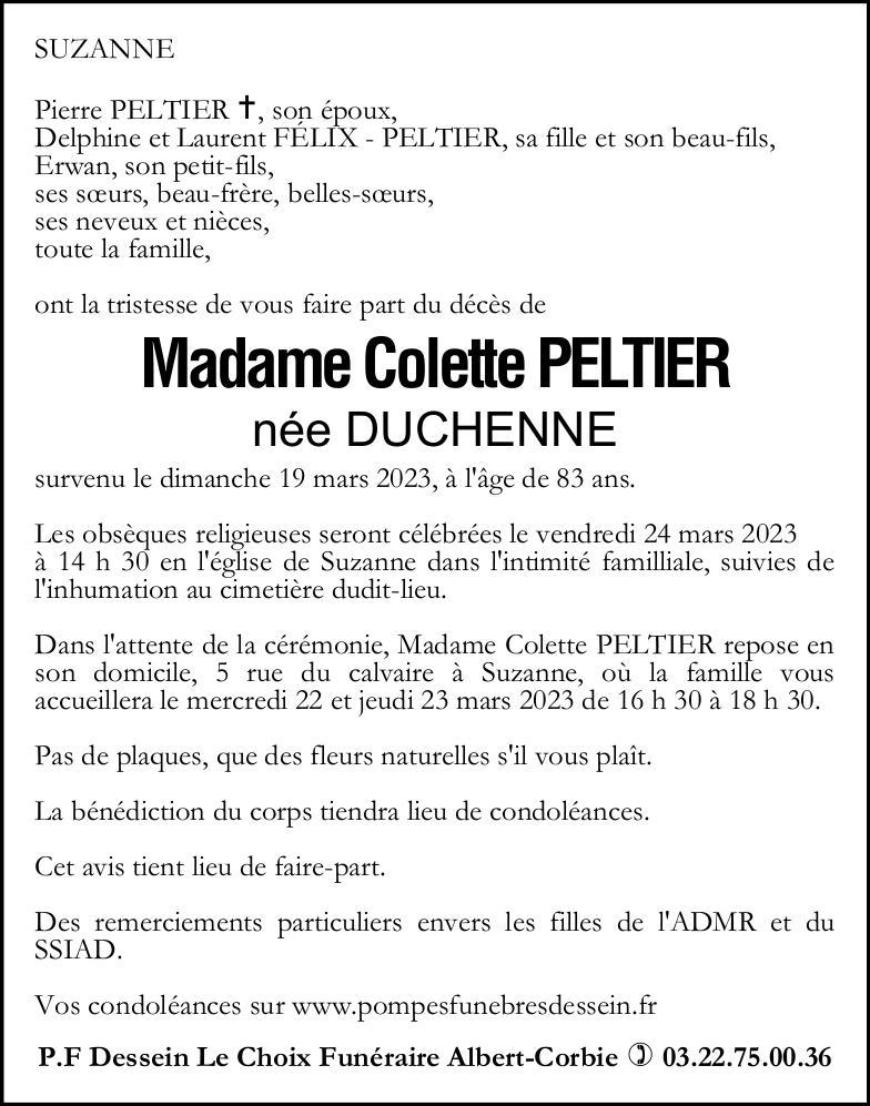 Avis de décès de Madame Colette PELTIER née DUCHENNE