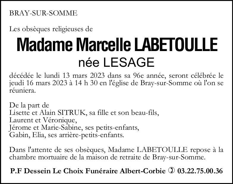 Avis de décès de Madame Marcelle LABETOULLE née LESAGE
