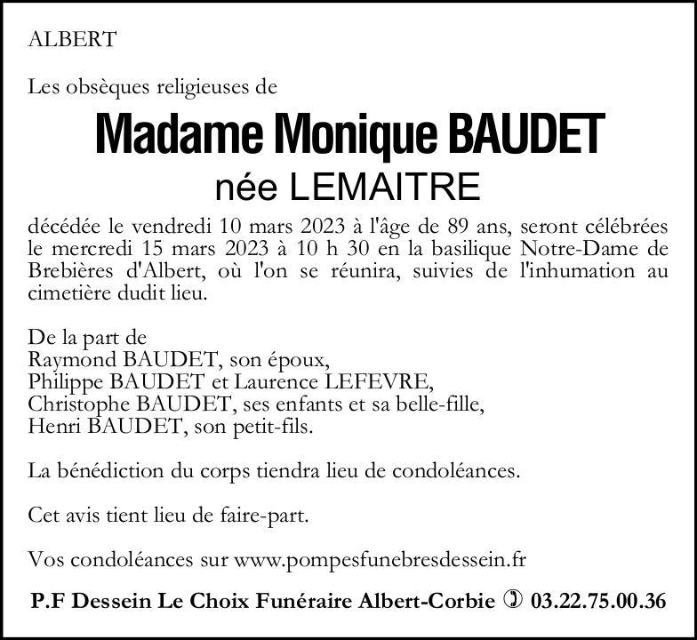 Avis de décès de Madame Monique BAUDET née LEMAITRE