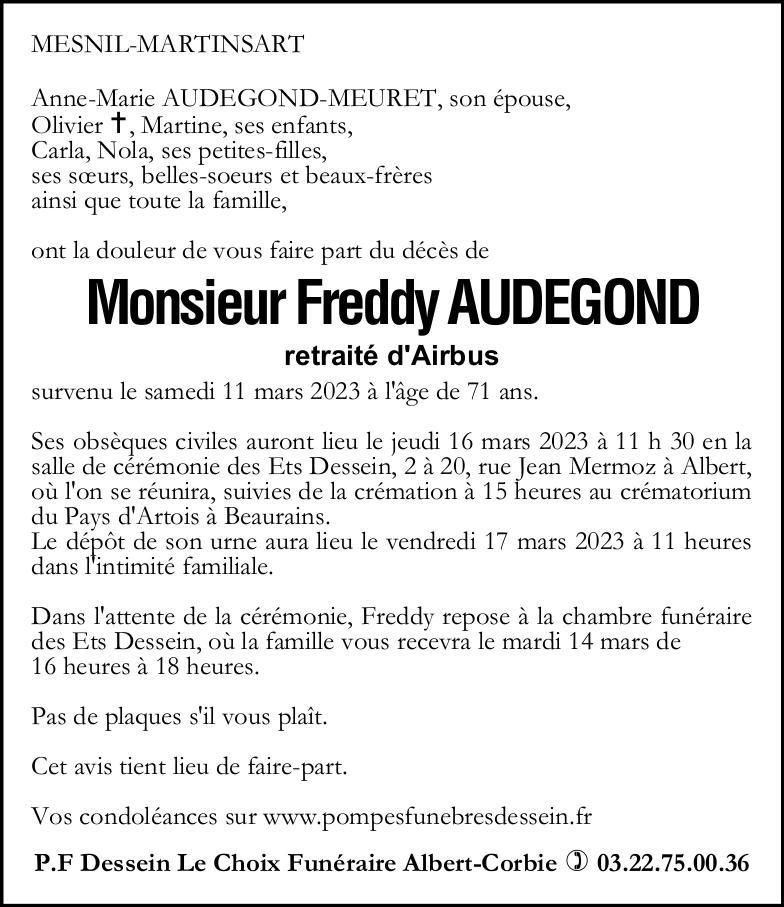 Avis de décès de Monsieur Freddy AUDEGOND
