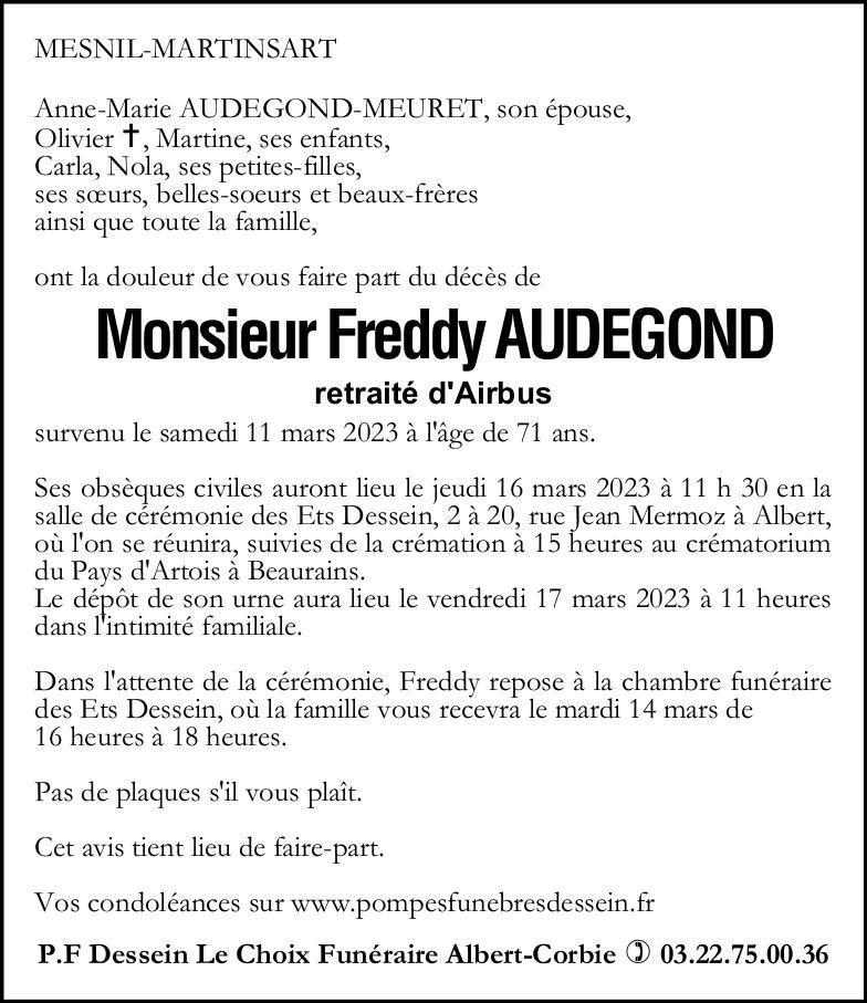 Avis de décès de Monsieur Freddy AUDEGOND