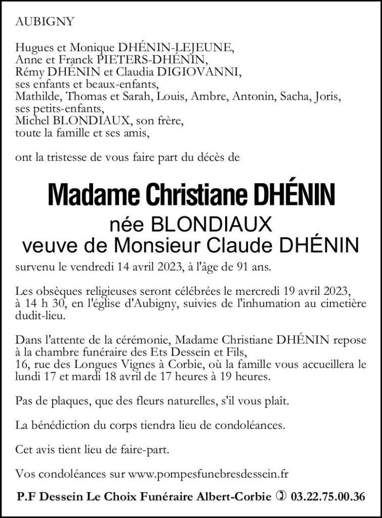 Avis de décès Christiane DHENIN