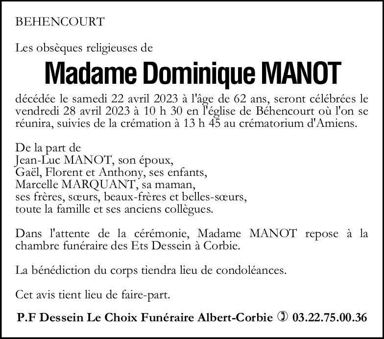 Avis de décès Dominique MANOT