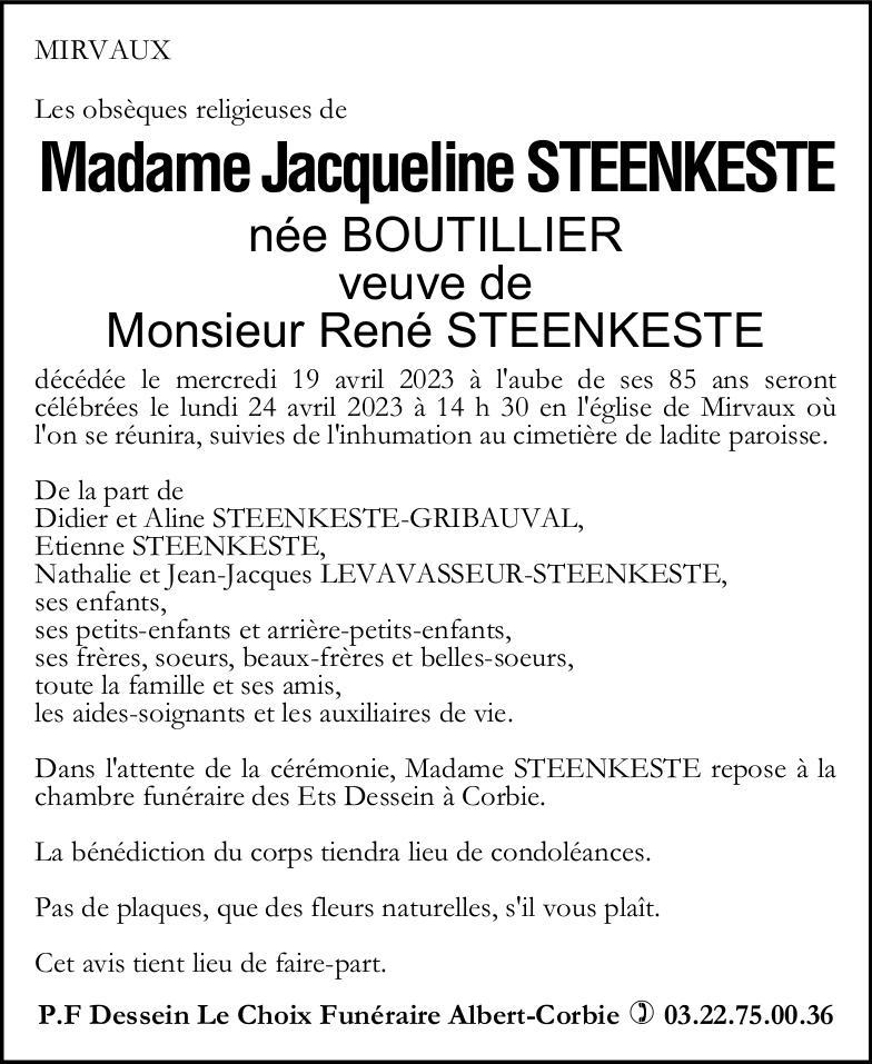 Avis de décès Jacqueline STEENKESTE
