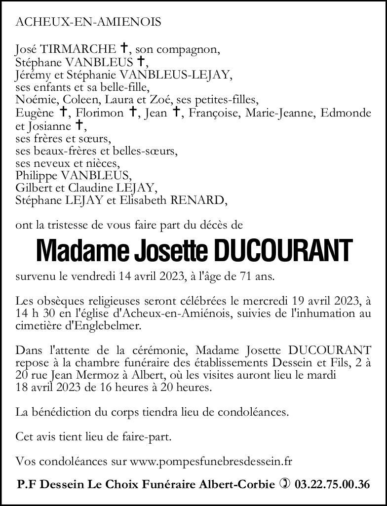 Avis de décès Josette DUCOURANT
